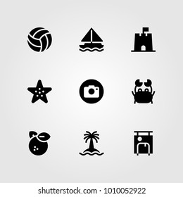 Summertime vector icon set. volleyball, starfish, sailboat and orange