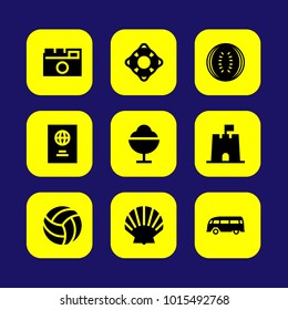 Summertime vector icon set. volleyball, ice cream, photo camera and bus