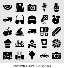 Summertime vector icon set. watermelon, swimsuit, truck and sunglasses