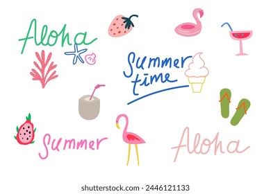 Summertime vector illustration, aloha illustration, summer fruit icons, summer background, flat summer icons  on a white background