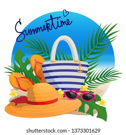 Summertime vector illustration. Bright summer fashion accessories and tropical leaves