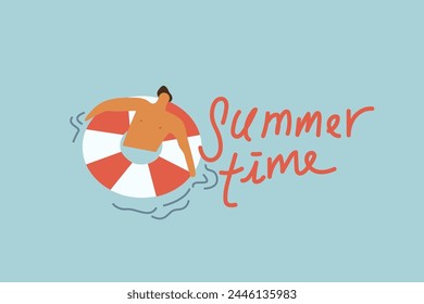 Summertime vector illustration on a blue background, flat people character, people swimming in the sea, summer swim hobbies