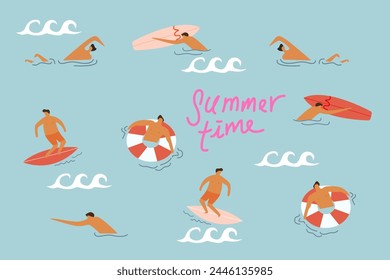 Summertime vector illustration on a blue background, flat people character, people swimming in the sea, summer swim hobbies