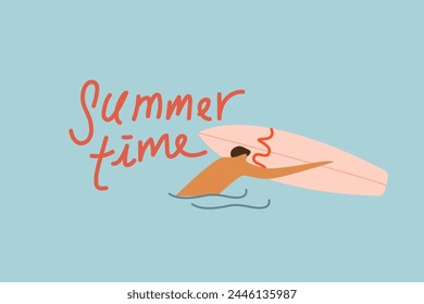 Summertime vector illustration on a blue background, flat people character, people swimming in the sea, summer swim hobbies