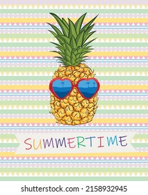 summertime vector illustration, pineapple with sunglasses tropical vector illustration, pineapple summer print with colorfull background.