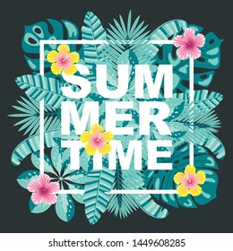 Summertime vector illustration with tropical plants and flowers. Could be used for banners, labels, invitations.
