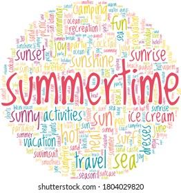 Summertime vector illustration word cloud isolated on a white background.