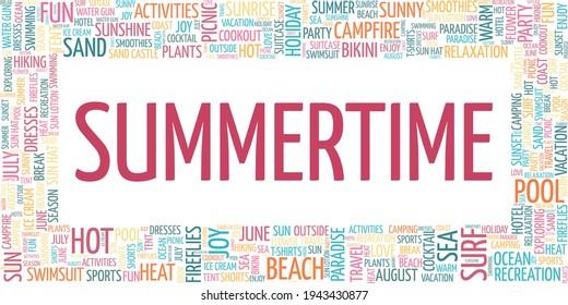 Summertime vector illustration word cloud isolated on a white background.