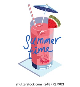 Summertime vector illustration. World watermelon day. Cold juicy watermelon cocktail. Tall transparent glass with a cold drink, ice cubes, an umbrella, a straw and a slice of watermelon