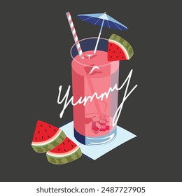 Summertime vector illustration. World watermelon day. Cold juicy watermelon cocktail. Tall transparent glass with a cold drink, ice cubes, an umbrella, a straw and a slice of watermelon