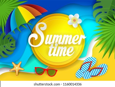 Summertime vector paper cut illustration. Tropical landscape with ocean waves, sand, palm leaves, beach umbrella, flip-flops, sunglasses, starfish. Beach holidays poster, banner summer card template.