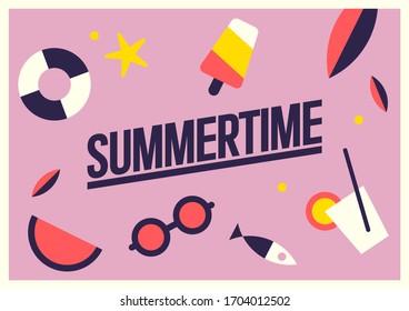 En verano. Postal vectorial con iconos de vacaciones.