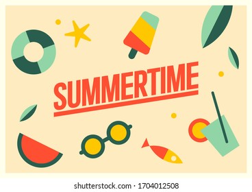 Summertime. Vector postcard with holiday icons.