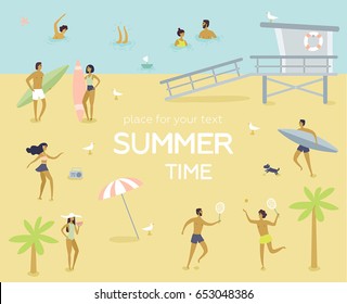 Summertime vector poster. People in the beach. Place for your text. Cartoon vector character. Surfer girl on surfboard, surfer boy, people play in tennis, swimming, girls sunbath 