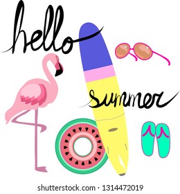 Summertime vector set with calligrapher design elements, flamingo, sunglasses, flip flops, watermelon swimming ring and surf board