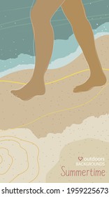 Summertime vertical background with feets walking or running on the beach. Tan skin illustration in abstract, simple and flat style and muted colors with the beach, sea and sand at the back. Vectored.