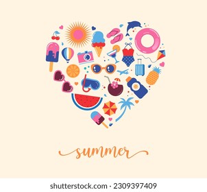 Summertime vibes heart design with cute summer beach doodles and icons. Feel the summer concept - colorful vacation graphic elements collection. Vector illustration.