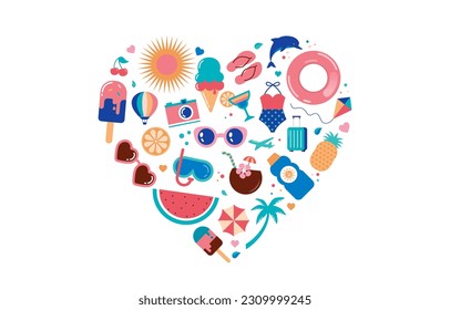 Summertime vibes heart design with cute summer beach doodles and icons. Feel the summer concept - colorful vacation graphic elements collection. Summer fun vector illustration.