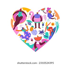 Summertime vibes heart design with cute summer beach doodles and icons. Feel the summer concept - colorful vacation graphic elements collection. Vector illustration.