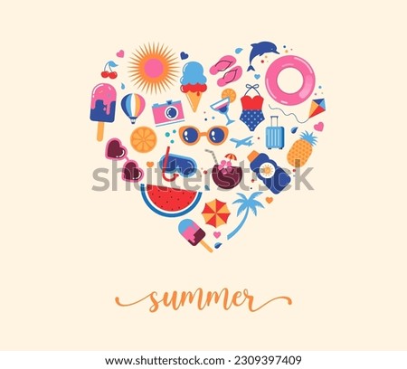 Summertime vibes heart design with cute summer beach doodles and icons. Feel the summer concept - colorful vacation graphic elements collection. Vector illustration.