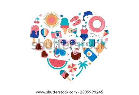 Summertime vibes heart design with cute summer beach doodles and icons. Feel the summer concept - colorful vacation graphic elements collection. Summer fun vector illustration.