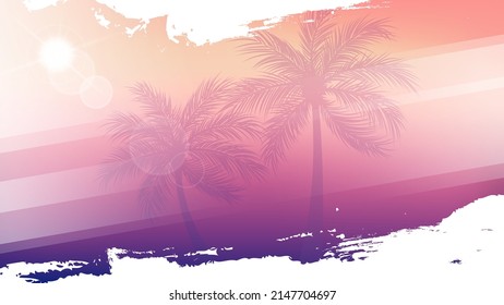 Summertime violet background with palm trees, summer sun and white brush strokes for your season graphic design. Hot Sunny Days. Vector illustration.