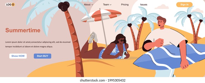 Summertime web concept. Relaxing on beach, surfing by sea resort, summer vacation scene. Banner template with flat line characters design. Vector illustration for social media promotional materials