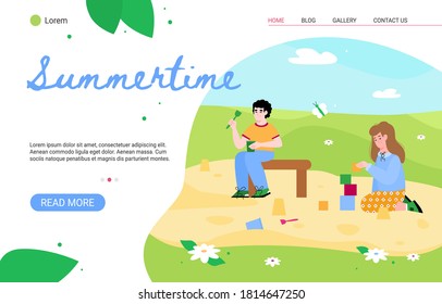 Summertime website page template with kids playing in playground, cartoon flat vector illustration. Kindergarten kids or preschoolers in the summer outdoors.