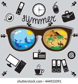 Summer.Vector Illustration: Work and Vacation.Dream about vacation.