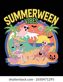 Summerween Beach Party: Cartoon Skeleton, Witch, and Ghost Enjoying Summer Halloween Vibes