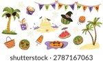Summerween vector elements set. Cute spooky summer Halloween clip art with palm trees, jack-o-lantern watermelons, sandcastle, and beach party decorations