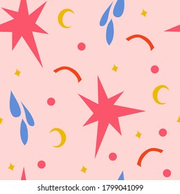 Summery confetti cute vector seamless pattern with stars, moons, drops and abstract shapes on pastel pink background