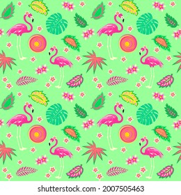 Summery fashion mint color seamless funny wallpaper with fan-leaved palms, sun, monstera leaves, flamingo, Plumeria flowers, Vector design for fashion print and wrapping paper.