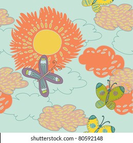summery floral seamless pattern with butterflies