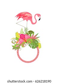 Summery frame with exotic flowers and pink flamingo