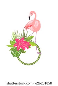 Summery frame with exotic leaves, lily and pink flamingo