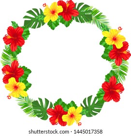 Summery frame of red and yellow hibiscus and monstera and palm leaves