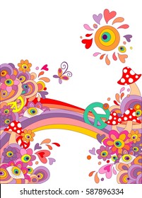 Summery hippie background with abstract colorful flowers, mushrooms, peace symbol and rainbow