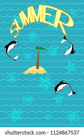Summery Pattern with the Island, Starfishes and Seashells. Turquoise Contour Silhouettes Isolated on the Marine Background.  Poster for Print in a Flat Style. Vector Illustration