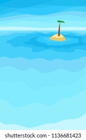 Summery Pattern with the Waves and Alone Island. Colorful Contour Silhouette Isolated on the Marine Background. Poster for Print in a Flat Style. Vector Illustration