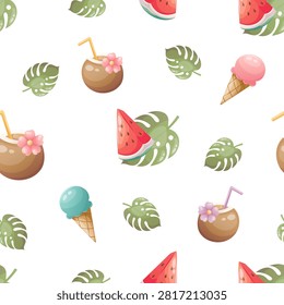 A summery seamless pattern featuring coconut drinks, watermelon, ice cream and tropical leaves