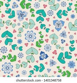 Summery seamless repeat pattern of outlined stylized flowers and leaves. A pretty floral vector design in green, blue and pink on white background.