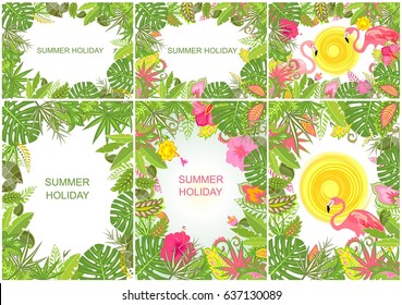 Summery tropical backgrounds with exotic flowers, leaves and flamingo