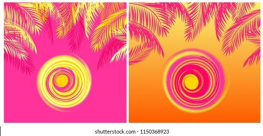 Summery t-shirt tropical prints variation with yellow and pink coconut palm leaves and hot sun on pink and orange backgrounds