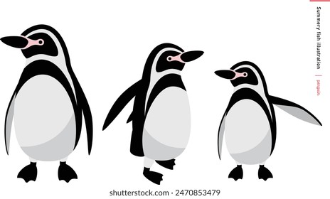 Summery vector illustration of a simple, cute black and white penguin parent and child at a zoo or aquarium.