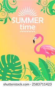 Summery yellow vertical banner with pink flamingo, green monstera and tropical exotic leaves. Summer Time concept, leave space for adding your content or text