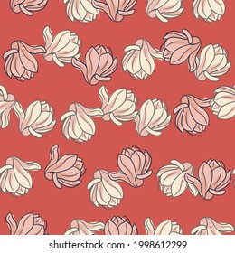 Summet style floral seamless pattern with outline random magnolia flowers print. Red background. Vector illustration for seasonal textile prints, fabric, banners, backdrops and wallpapers.