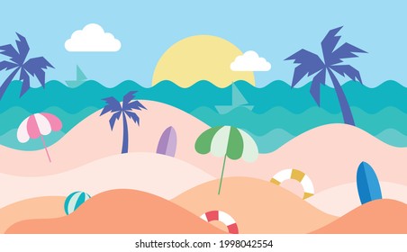 Summet time background of landscape, sunny, panorama of sea and beach. Sea with umbrellas, ball, swim ring, surfboard, ship