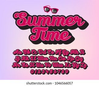 Summet Time - lettering alphabet. Fashion trendy script font with sunglasses. Vector illustration with graphic style