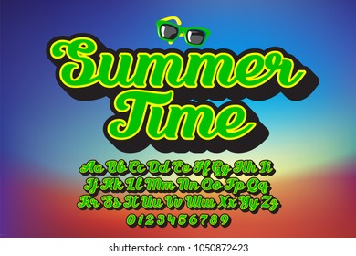 Summet Time - lettering alphabet. Fashion trendy script font with sunglasses. Vector illustration with graphic style